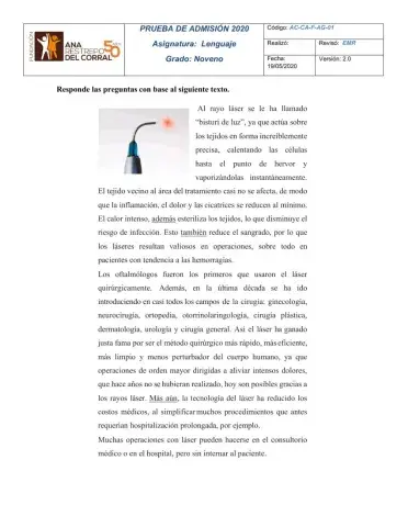 Prueba de admisión - lenguaje (lectura crítica) - 9°