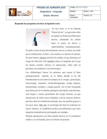 Prueba de admisión - lenguaje (lectura crítica) - 9°