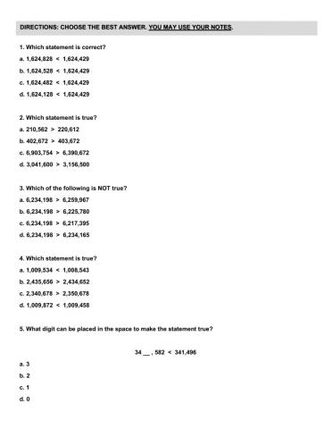 SOL 4.1 Compare and Order Whole Numbers