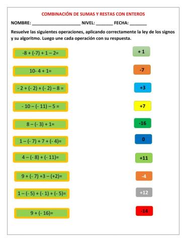 Combinación de sumas y restas con enteros