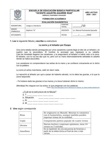 Lengua y literatura disgnóstico para séptimo