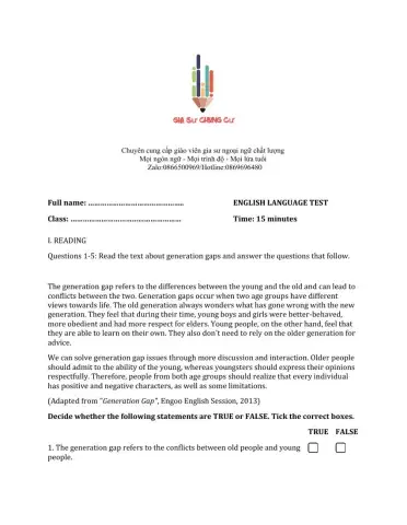 Lớp 10 - Kiểm tra 15 phút - Kỹ năng Đọc + Từ vựng số 1