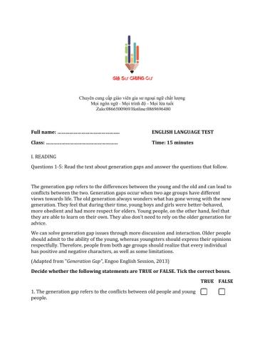 Lớp 10 - Kiểm tra 15 phút - Kỹ năng Đọc + Từ vựng số 1