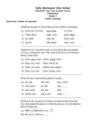 Grade 3 Verbal reasoning examination