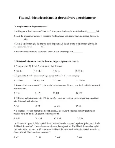 fisa- metode aritmetice de rezolvare a problemelor