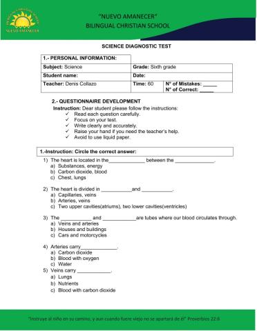 Science Diagnostic Test 6th Grade