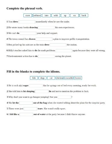 Phrasal verbs, idioms, key word transformation and modals