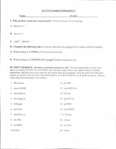Spanish 5 - HW -1 accent marks worksheet