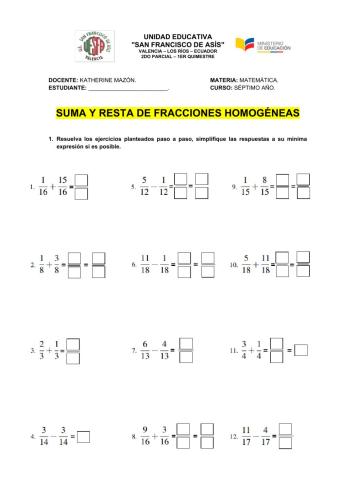 Suma y resta de fracciones homogéneas