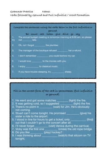 Gerund and Full infinitive- Word Formation