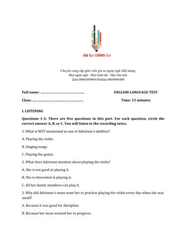 Lớp 10 - Kiểm tra 15 phút - Kỹ năng Nghe + Ngữ âm số 2