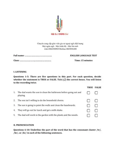 Lớp 10 - Kiểm tra 15 phút - Kỹ năng Nghe + Ngữ âm số 1