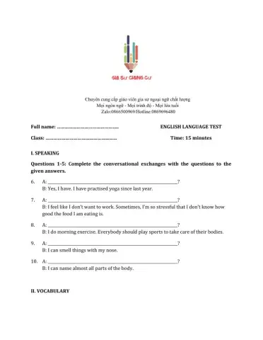 Lớp 10 - Kiểm tra 15 phút - Kỹ năng Nói + Từ vựng số 1