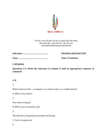 Lớp 10 - Kiểm tra 15 phút - Kỹ năng Nói + Từ vựng số 2