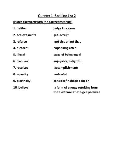 Spelling list 2- matching worksheet