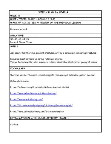 Level 4 Week 8 weekly plan