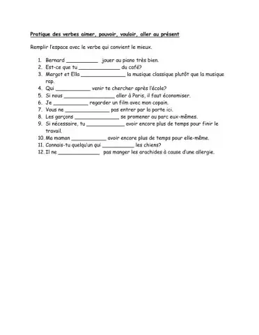Verbes Aimer Pouvoir Vouloir Aller au present