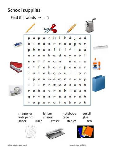 School supplies-word search