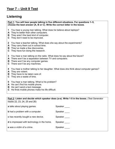 Year 7 Unit 9 Test Listening
