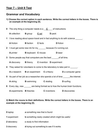 Year 7 Unit 9 Test Grammar & Vocabulary