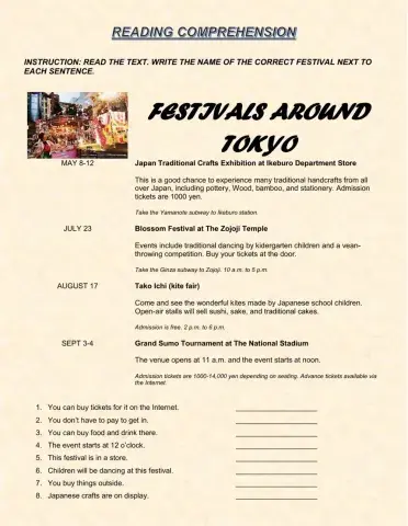 READING COMPREHENSION. Festivals around Tokyo.