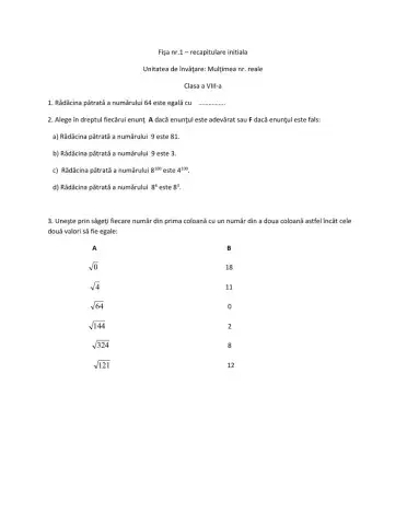 Fisa nr 1 recapitulare initiala clasa VIII