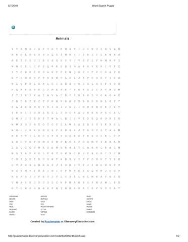 Animal wordsearch