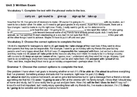 Class 40 - Sixth Year - Unit 3 written exam 