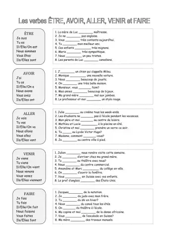 Verbes faire, etre, avoir, venir, aller