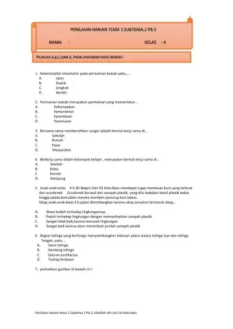 Penilaian Harian Tema 1 Subtema 2PB.5