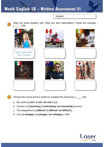 World English 1 - Assessment exercises for units 1 to 3
