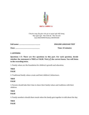 Lớp 10 - Kiểm tra một tiết số 1