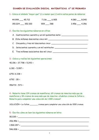 Evaluación inicial Matemáticas 6º