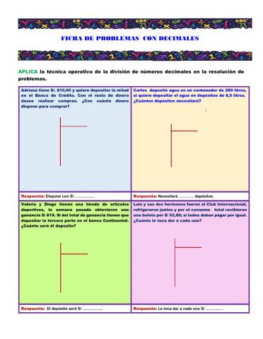FICHA PROBLEMAS CON DECIMALES