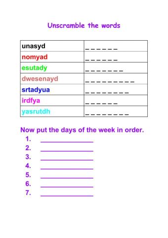 Unscramble the days of the week