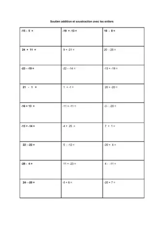 Entiers additions et soustractions soutien