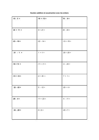Entiers additions et soustractions soutien