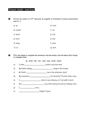 Présent simple, exercices 3 et 4