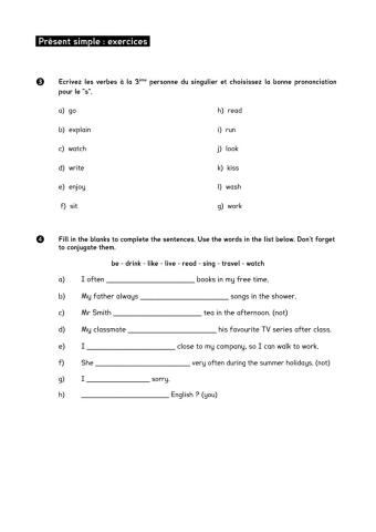 Présent simple, exercices 3 et 4
