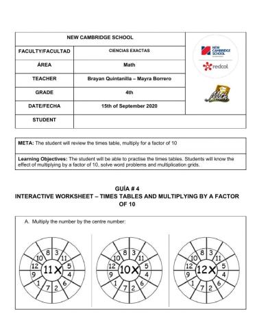 Worksheet- times tables and factor of 10
