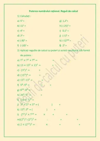 Reguli de calculi cu puteri cu exponent natural-Tema pentru acasă