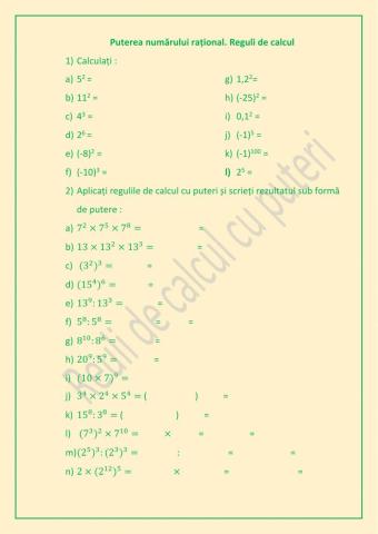 Reguli de calculi cu puteri cu exponent natural-Tema pentru acasă