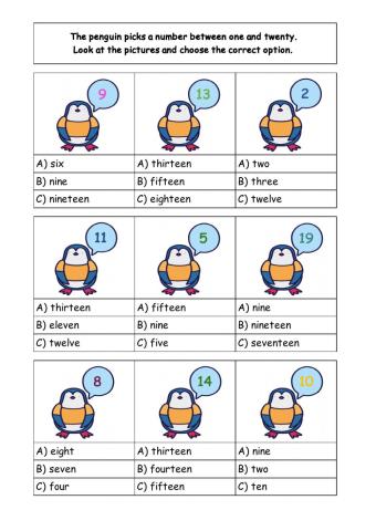 Numbers 1-20 multiple choice activity