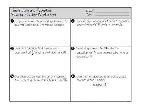 Terminating and Repeating Decimals Practice