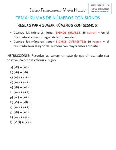 Sumas de números con signos