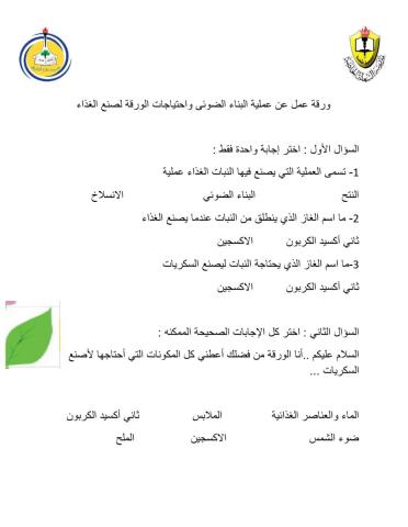 ورقة عمل عن احتياجات الورقة لصنع الغذاء