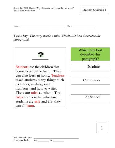 Mastery level ELA assesment