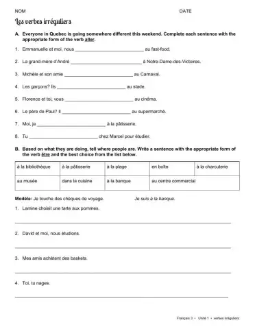 Etre, Aller, faire, avoir, venir practice sheet