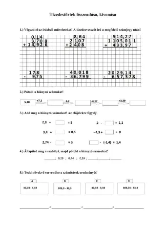 Tizedestörtek összeadása, kivonása ismétlés