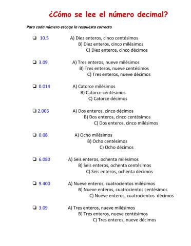 Lectura y escritura de números decimales